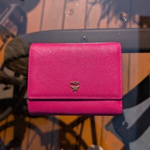 Authentic MCM Small Tri-Fold Wallet in Pink Saffiano Leather